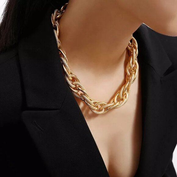 Chunky Choker Necklace - Party Cuban Link Chain Double O Link Necklaces Hip-hop - Picture 3 of 12